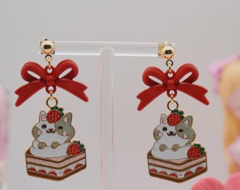 Strawberry Cake and Kawaii Cat Earrings