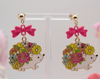 Floral Hedgehog with Pink Bow Earrings