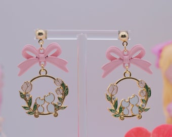 Whimsical White Cats Sitting on Floral Wreath Earrings