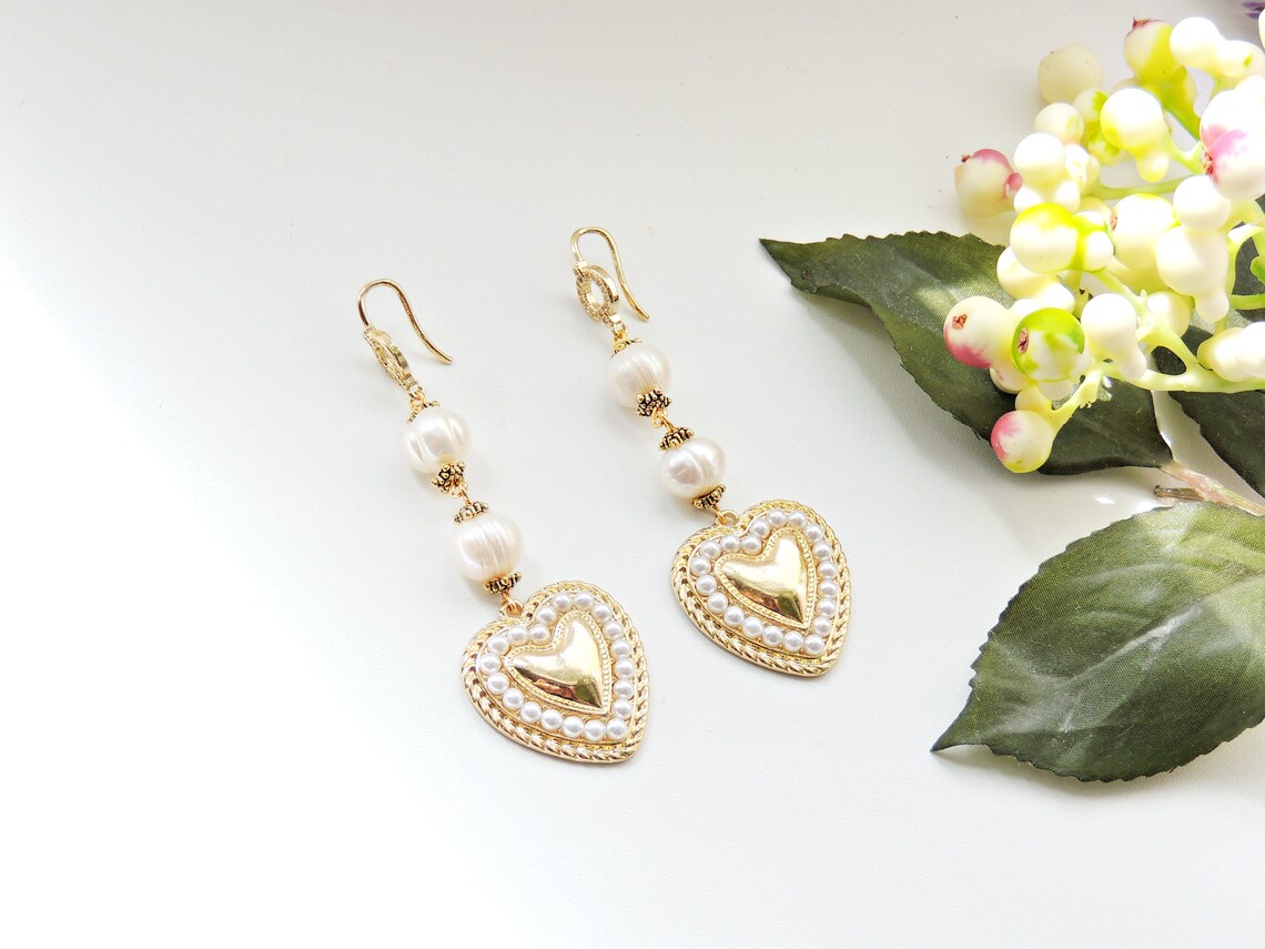 Earrings With Pearl Baroque Earringsheart Earrings Crystals | Etsy