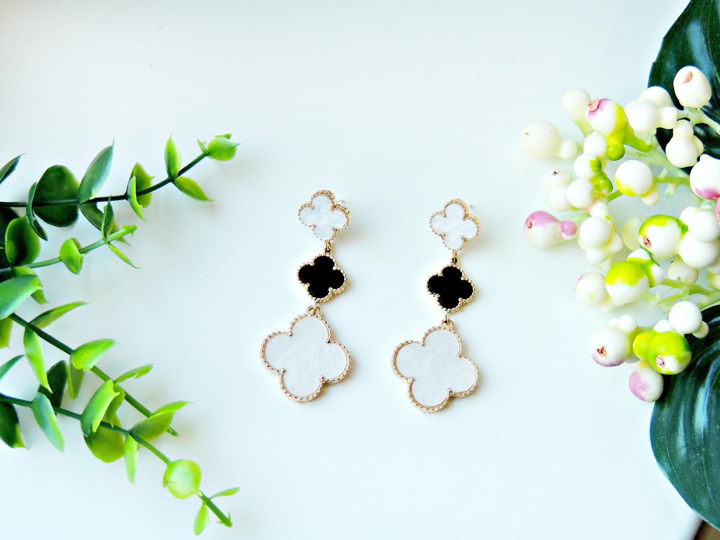 Earrings with clover fashion earrings black and white clover Etsy
