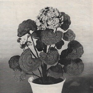 May include: A crocheted plant with large, dark leaves and a cluster of light-colored flowers. The plant is in a white ceramic pot with a matching saucer. The leaves have a unique, textured appearance, and the overall design is intricate.