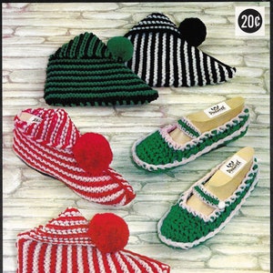 May include: Four pairs of knitted slippers with pom-poms. Two pairs are red and white striped, one pair is green and white striped, and one pair is black and white striped. The slippers are 20 cents each.