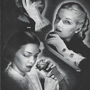 Op de afbeelding: Drie zwart-witfoto's van vrouwen die gehaakte handschoenen dragen. De handschoenen zijn wit en hebben een kantpatroon. De foto's zijn gelabeld met de nummers 3107, 3108 en 3109.