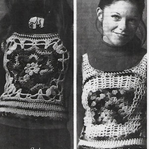 May include: Two women are wearing crocheted vests. The vests are white with a floral design. The text "Crocheted Pot Holder Vests" is at the top of the image.