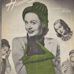 May include: A vintage crochet pattern booklet featuring a green crocheted hat, purse, and gloves. The cover features a woman wearing the hat and purse, and the text "Hiawatha Accessories Designed by Melina No. 31... 10¢".