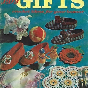 May include: A vintage crochet pattern book titled "Jiffy Gifts" with the subtitle "crochet ideas for your bazaar". The cover features a variety of crocheted items, including slippers, a flower, a ball, a lamb, and a doily.
