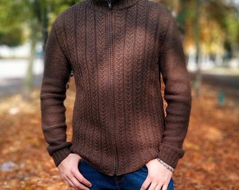 Hand knitted brown men&#39;s cardigan, Men&#39;s zipped jacket, Men&#39;s bomber jacket, Zipper sweater, Knitted men&#39;s bomber zipped jacket