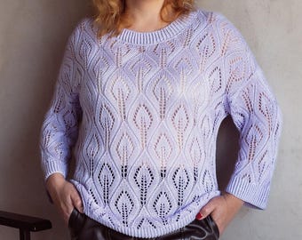 Handgebreide zomertrui met ronde hals en kanten linnen trui met korte mouwen voor vrouwen Handgebreide blouse voor dames Gebreide damesblouse Elegante handgebreide trui