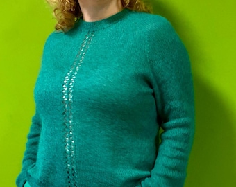 Knitted mohair lace sweater, Hand knitted green mohair pullover, Kid mohair warm sweater, Knitted merino wool sweater, Mohair winter sweater