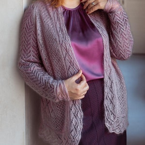 Hand knit mohair v-neck cardigan, Long knit cardigan women, White wedding cardigan, Handmade open front light cardigan, Long sleeve cardigan