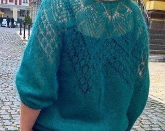 Hand knitted mohair silk sweater, Knitted lace crew sweater, Bridal wedding sweater, Loose knit mohair sweater, Handmade kid mohair jumper