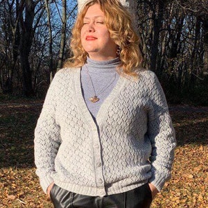 Hand knitted merino angora cardigan, Knitted v neck button up cardigan, Knit long sleeve spring cardigan women, Loose lace warm cardigan