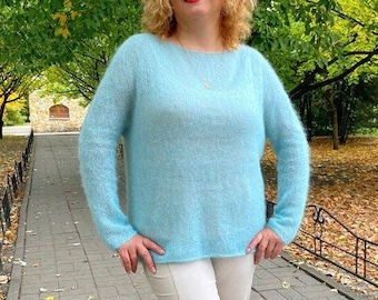 Mohairpullover Wollpullover Mohairpullover Gestrickter Mohairpullover Pullover mit U-Boot-Ausschnitt Versandfertig