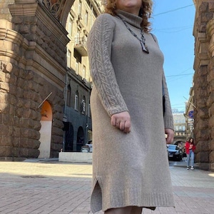 Gestricktes Merinowolle Kleid, Handgestricktes Pullover Kleid, Herbst Stehkragen Kleid Frauen, Gestricktes elegantes Winterkleid, Langes Strickkleid