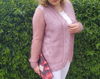 Hand knitted mohair cardigan women, hand knit  lace long sleeve cardigan, knit open front light cardigan, knitted ladies pink cardigan