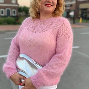 Hand knitted mohair crewneck sweater, Knitted lace fall sweater, Bridal wedding sweater, Hand knit mohair pullover jumper