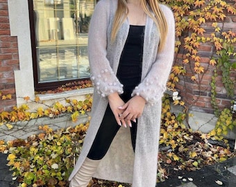 Hand knit mohair white cardigan, Knitted lace cardigan, Long knit cardigan women, White wedding cardigan, Handmade mohair thin cardigan