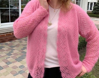 Hand knitted mohair cardigan women, hand knit  lace long sleeve cardigan, knit open front light cardigan, knitted ladies pink cardigan