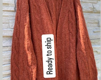 Handknit alpaca brown cardigan, Knitted v neck cardigan, Knit mohair open front cardigan women, Oversized knit cardigan, Ready to ship
