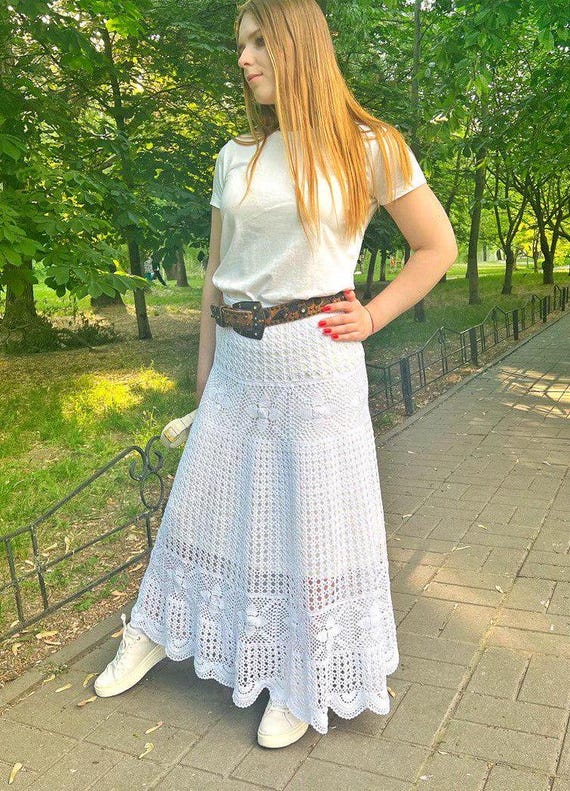 Crochet maxi boho skirt, Hand knitted summer skirt, Knitted white cotton  beach skirt, Hand knit festival bohemian skirt, Lace maxi skirt