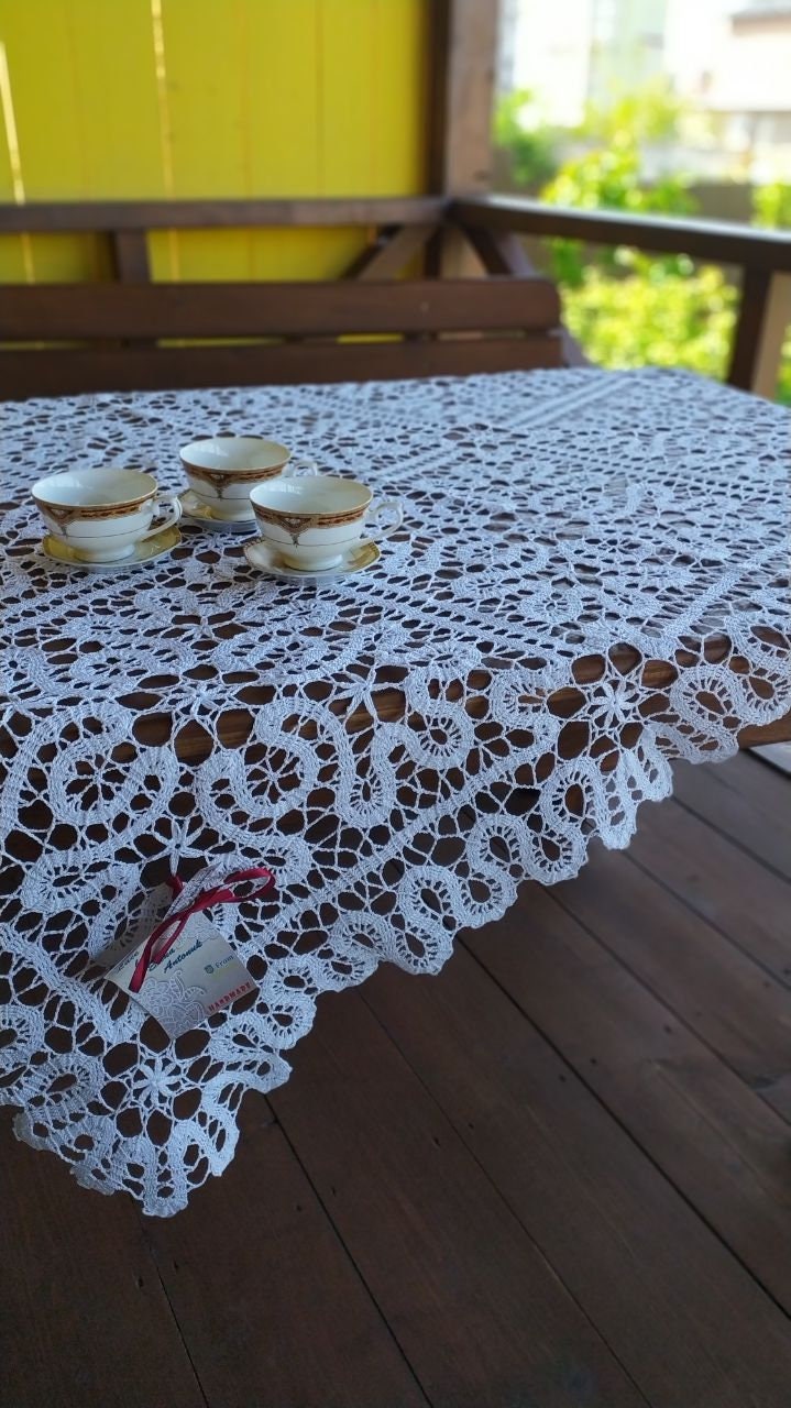 Large handmade knitted tablecloth rectangle beautiful cotton Etsy