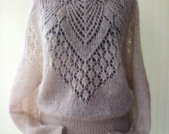 Hand knitted mohair crewneck sweater , Knitted lace fall sweater, Bridal wedding bridal sweater, Hand knit pullover, Mohair jumper