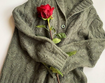 Knitted mohair shawl collar cardigan, Cable knit cardigan women, Handknit custom long sleeve cardigan, Handmade  v neck button up cardigan