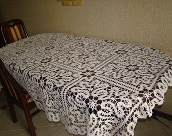 Сrochet large tablecloth, Knitted white tablecloth, Cotton tablecloth rectangle, Handmade lace tablecloth, Beautiful wedding tablecloth