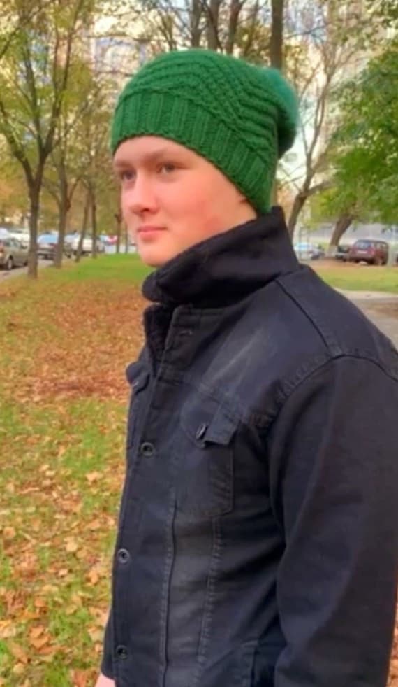 Pompom beanie, knit mens beanie, pompom knit hat, knitted merino wool hat,  knit wool beanie, hand knit winter beanie hat, ready to ship