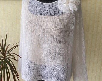 Hand knitted mohair crewneck sweater, Knitted lace fall sweater, Bridal wedding sweater, Hand knit pullover, Handmade mohair thin jumper