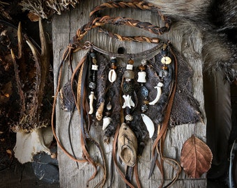 Baltic Viking, Pagan culture inspired amulet, Forest Witch power, Shamanic amulet, driftwood, stones, leather, bones, teeth, runes