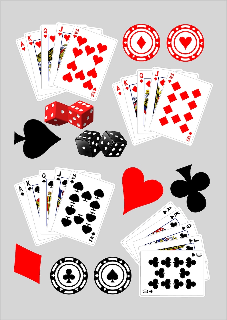 Pu&ograve; includere: Un'illustrazione di vari elementi del poker, tra cui carte da gioco, dadi e fiches. Le carte mostrano cuori, quadri, picche e fiori. Sono presenti anche dadi rossi e neri, insieme a fiches rosse e nere.
