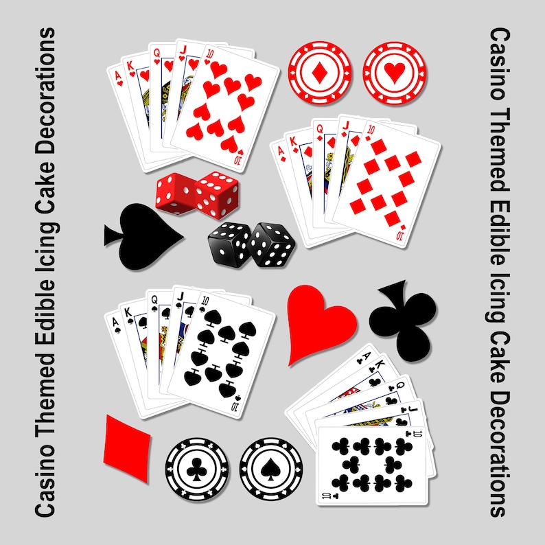 Pu&ograve; includere: Decorazioni per torte in glassa commestibile a tema casin&ograve;. L'immagine presenta carte da gioco, dadi e fiches da poker. Le carte mostrano cuori, picche, quadri e fiori. Il testo dice "Casino Themed Edible Icing Cake Decorations."