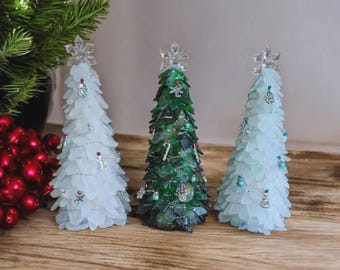 Light-Up Sea Glass Christmas Tree with Traditional Silver Christmas Charms  and Baubles.