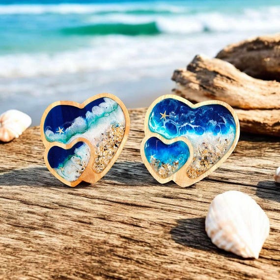 Resin Ocean Art Heart • Handmade Coastal Wall Hanging With