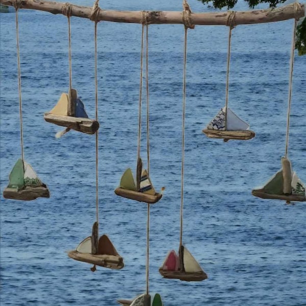 Sailing Boat Driftwood, seaglass and seapottery mobile, wall hanging,  windchime, suncatcher. Beach craft mobile. Hanging mobile. Nautical