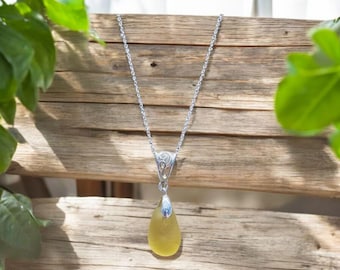 Rare Yellow Teardrop Seaglass Necklace: Sterling Silver, Kent Coast