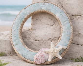 Seaglass Wreath, Beach Themed Wall Art with Shells & Starfish, Coastal Home Decor