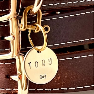 Hand Stamped dog tag- Personalized Custom Pet ID Tags for Dogs and Cats in Solid Brass-Dog tag with a bow design-gold dog tag-custom dog tag