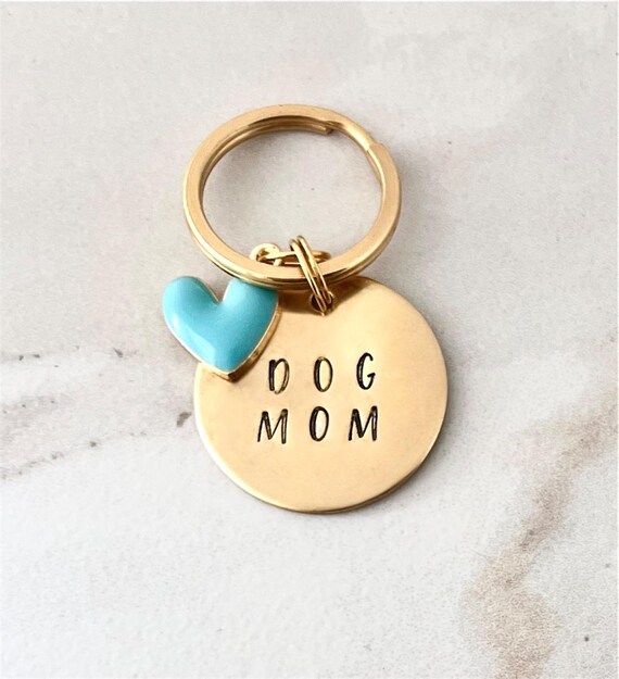 Hand Stamped Dog Mom Keychain: Brass With Heart Charm UK