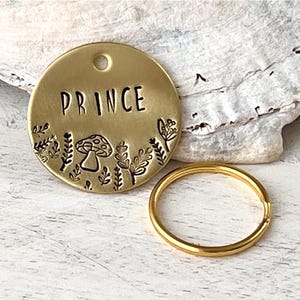 Dog tag- custom dog tag- pet tag- Hand Stamped Personalized Custom Pet ID Tags for Dogs and Cats in Solid Brass Dog tag with mushroom floral