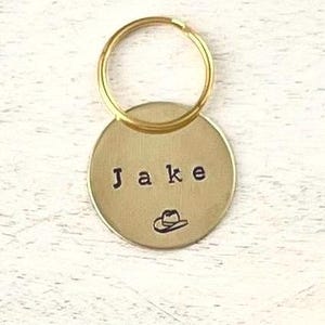 Hand Stamped Personalized Custom Pet ID Tags for Dogs and Cats in Solid Brass Dog tag with cowboy hat