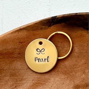 Hand Stamped dog tag- Personalized Custom Pet ID Tags for Dogs and Cats in Solid Brass-Dog tag with a bow design-gold dog tag-custom dog tag