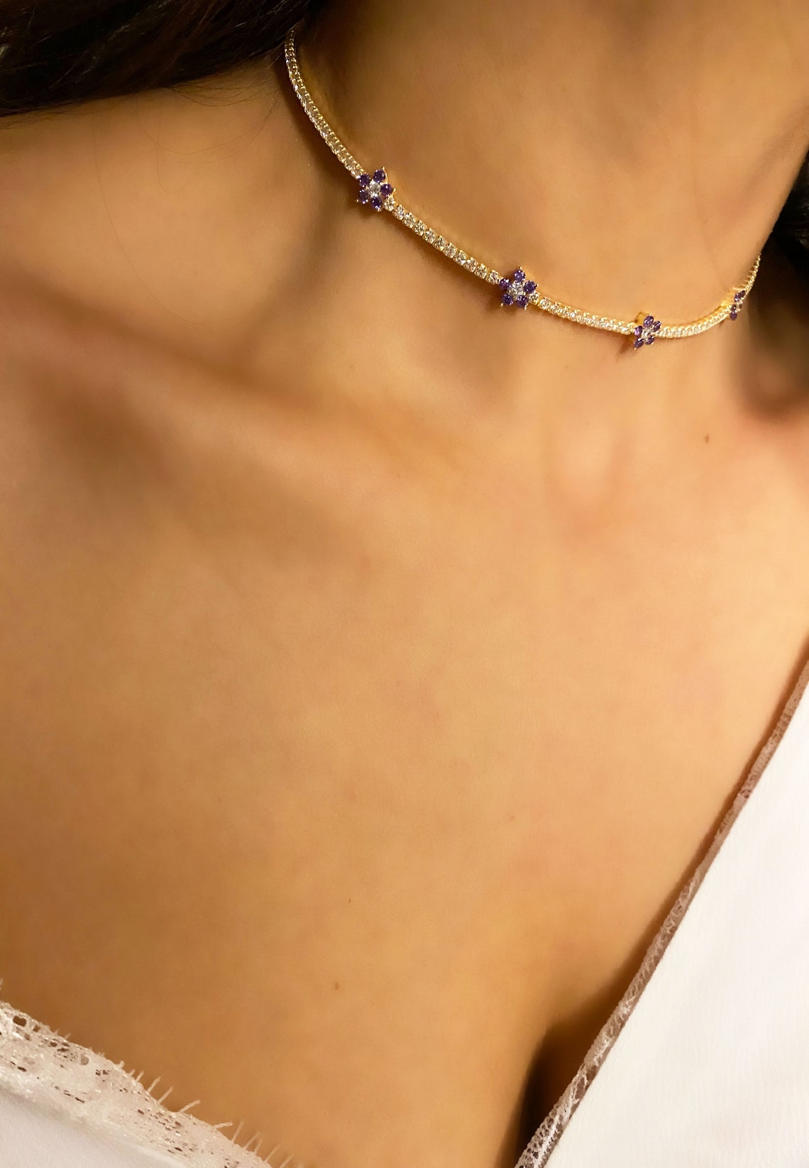 5 Flowers Tennis Choker necklace 925 sterling silver 14K Etsy