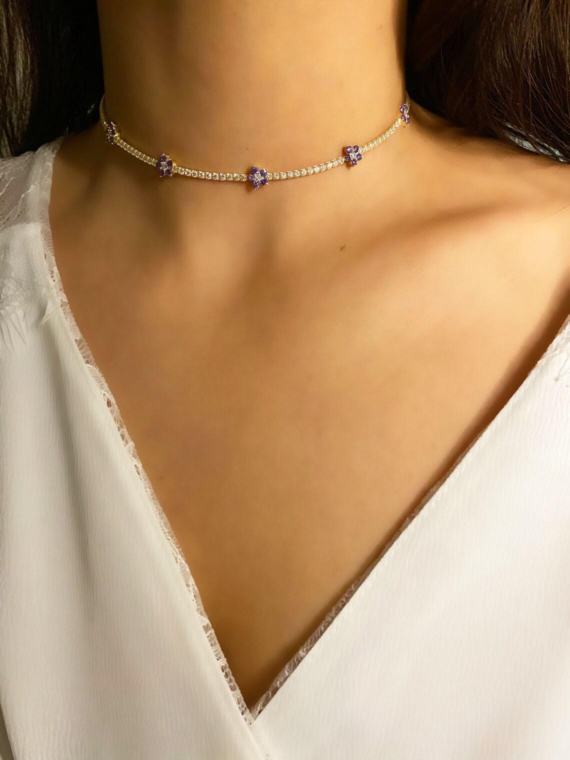 5 Flowers Tennis Choker necklace 925 sterling silver 14K Etsy
