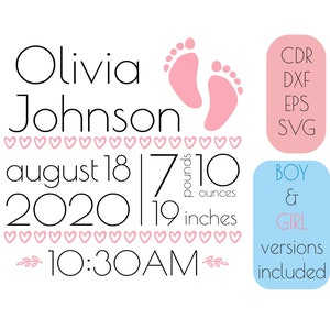 Modelo svg de anúncio de nascimento de bebê, estatísticas de bebê personalizadas para impressão vetorial, impressão de recém-nascido