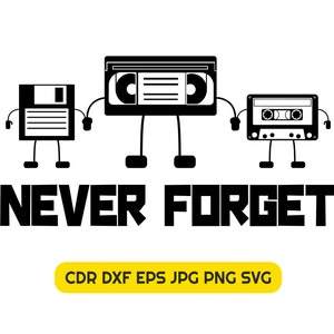 Retro nunca olvides svg clipart, descarga instantánea vhs cassette svg, vector 80s print, silueta de medios magnéticos, impresión de disquete