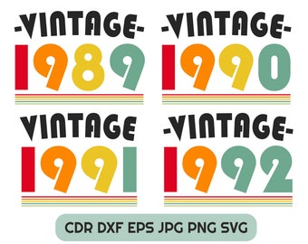 Vintage 1990 svg shirt design, 1989 birthday print, vector 1991 age svg, 1992 birthday silhouette