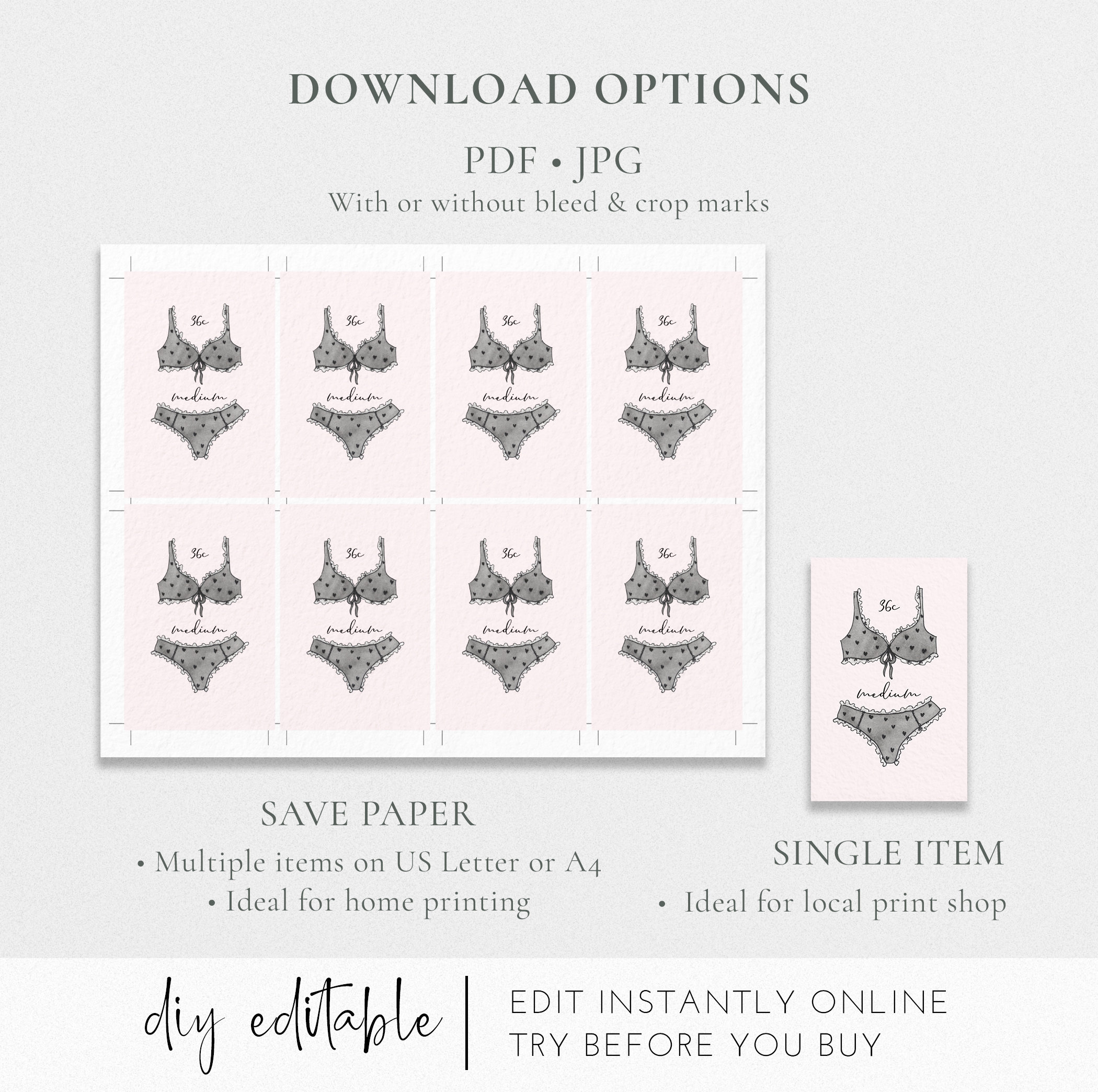 Lingerie Sizes Card Template Printable Bachelorette Party | Etsy